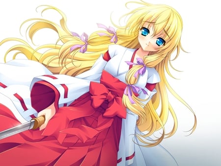 Saginomiya Hiori - beauty, girl, ribbons, blue eyes, long hair, miko, blonde hair, saginomiya hiori, anime, sword, kurenai no tsuki, dress