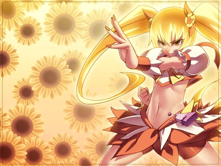 Cure Sunshine - female, yellow, blonde, itsuki, long, magical, hair, sunflower, midriff, myoudouin