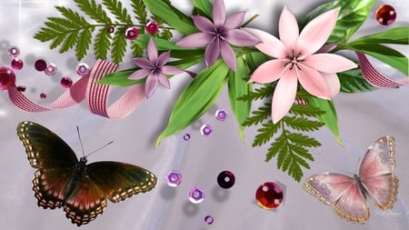 Blooms Beads and Butterflies - flowers, ferns, butterflies, ribbon, beads, firefox persona