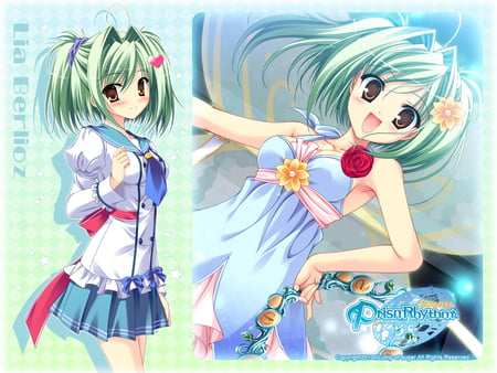 Lia Berlioz - anime, dress, girl, beauty, green hair, flower, short hair, lia berlioz, prism rhythm