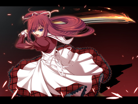 Kusakabe Misuzu - kusakabe misuzu, girl, ribbons, long hair, red hair, 11eyes, anime, sword, purple eyes, dress