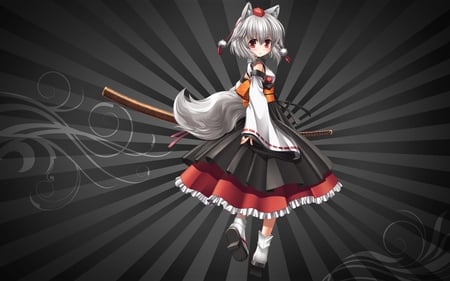 Inubashiri Momiji - beauty, anime girl, blade, touhou, wolf girl, katana, sword, cute, short hair, animal ears, blushing, beautiful, weapon, blush, gray hair, dress, inubashiri momiji