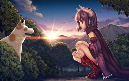 touhou - short hair, ciel, dress, dog, yard, cap, brown hair, red eyes