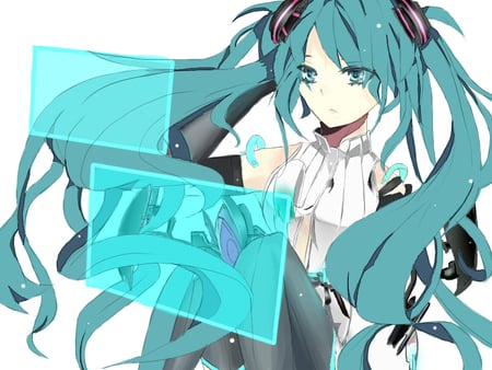 vocaloid - miku, blue hair, computer, blush, long hair, blue eyes