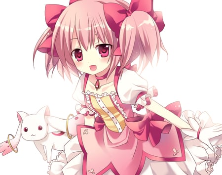 mahou shoujo madoka magica - short hair, madoka, dress, blush, pink hair, slow, red eyes