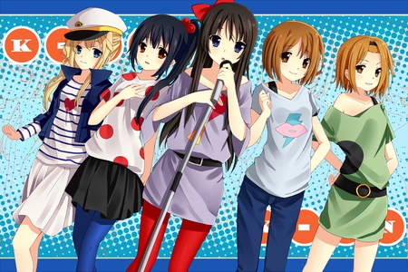 k-on! - blue, dress, colors, long hair, yui, short hair, ritsu, azusa, mugi, mio