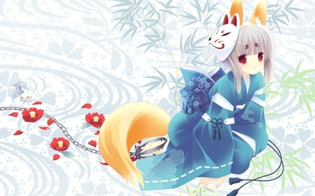 Fox - tail, background, girl, long hair, ears, fox, blue, petals, anime, kimono, flower