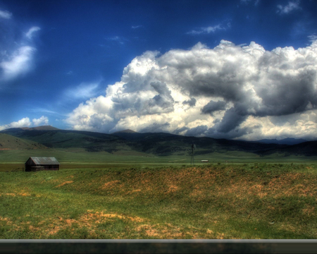 Dark Clouds Gathering - storm, clouds, hills, blue, fields, cabin, stormy, isolated, grey, land, hut, farm, sky