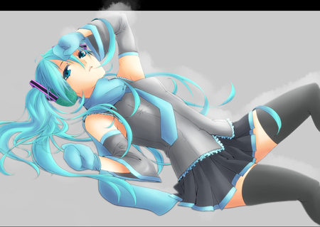 Hatsune Miku - tie, pretty, artistic, breathe, uniform, yuki, nice, program, thighhighs, beauty, virtual, cg, white, mittons, gray, cute, aqua eyes, song, outfit, vocaloid, anime, blue, twintail, hatsune miku, music, aqua, stockings, long socks, art, idol, anime girl, skirt, beautiful, singer, girl, cool, black, miku, awesome, diva, digital, cold, aqua hair, hatsune, vocaloids