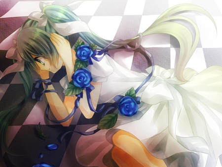 Hatsune Miku - pretty, artistic, blue rose, awsome, nice, program, hot, thighhighs, beauty, virtual, flower, traumatized, cg, white, cute, aqua eyes, song, sexy, vocaloid, anime, blue, twintail, dress, hatsune miku, checkered, music, aqua, art, idol, anime girl, beautiful, singer, girl, cool, black, miku, diva, digital, rose, aqua hair, hatsune, vocaloids