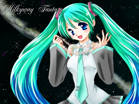 Milkyway Fantasy - outfit, space, virtual, milkyway, miku, digital, vocaloids, song, uniform, singer, cool, awesome, vocaloid, anime, twintail, planets, blue, cg, skirt, aqua hair, hatsune, happy, black, cute, beautiful, girl, stars, anime girl, white, universe, program, aqua eyes, artistic, pretty, aqua, beauty, art, diva, nice, tie, smile, idol, music, hatsune miku