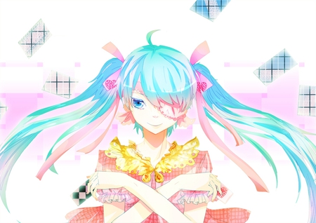 Hatsune Miku - pretty, artistic, pink, nice, program, beauty, virtual, eye patch, cg, white, cute, aqua eyes, song, vocaloid, anime, twintail, hatsune miku, music, aqua, art, idol, anime girl, beautiful, singer, girl, cool, orange, black, miku, awesome, diva, digital, aqua hair, hatsune, vocaloids