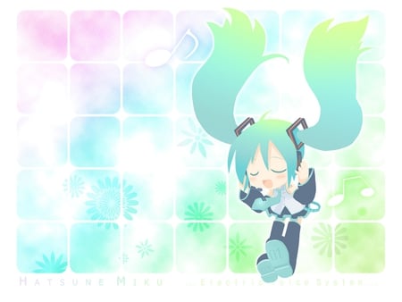 Chibi Miku - tie, pretty, artistic, uniform, rainbow, nice, program, beauty, virtual, cg, white, gray, green, cute, aqua eyes, song, vocaloid, anime, blue, boots, twintail, hatsune miku, music, aqua, art, idol, anime girl, skirt, beautiful, singer, girl, cool, black, miku, awesome, diva, digital, aqua hair, hatsune, vocaloids