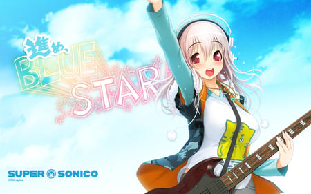 Super Sonico - sonico, sky, hot, guitar, female, music, song, anime girl, star, cool, cloud, headphones, super sonico, rock, sing, happy