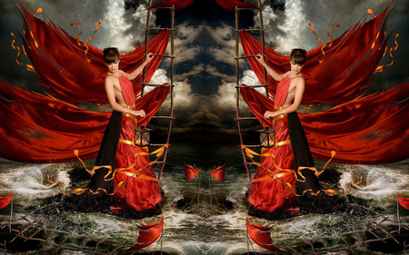 woman in red - woman, rope, red, dress