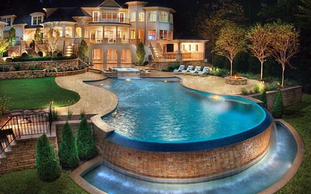 beautiful mansion - water, mansion, pool, view