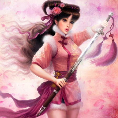 Xiaoao Yuelingshan - beauty, female, girl, hair, eye, rose, fantasy, face, gorgeous, pretty, pink, anime, sword, cute