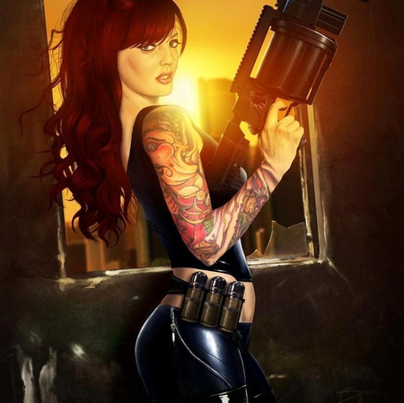 Vanessa - beauty, redhead, sexy, hot, girl, fantasy, red hair, tattoo, pretty, adventure, weapon, action