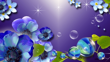 Blue Flowers and Bubbles - balls, purple, blue, leaves, flowers, firefox persona, bubbles, shine