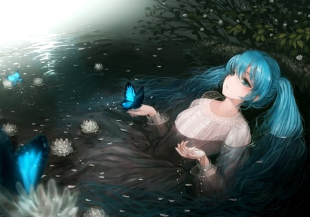 Hatsune Miku - aqua, hot, music, anime girl, white, art, cool, petals, aqua eyes, artistic, hatsune miku, sexy, lake, song, vocaloids, program, butterfly, vocaloid, beautiful, diva, dress, beauty, nice, trees, water, twintail, singer, aqua hair, black, virtual, pretty, idol, green, anime, miku, cute, girl, wet, cg, volcaloid, hatsune, blue, awesome, flowers, digital