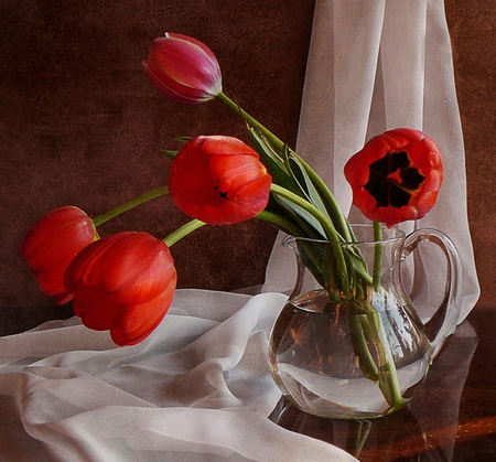 Tulips - vase, beautiful flowers, red tulips, beauty, still life, curtain, tulips, good morning, sunny day, beautiful day