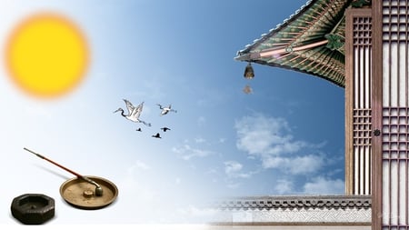 Japanese Sunshine - clouds, sunshine, firefox persona, japan, ducks, pagoda, sun, sky, building