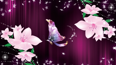 Pink Shines - bright, butterfly, stars, pink, summer, flowers, firefox persona, shine