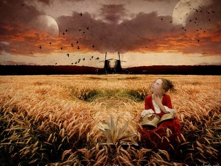 EXPLORING  NATURE - windmills, butterfly, field, planet, girl, birds, kid