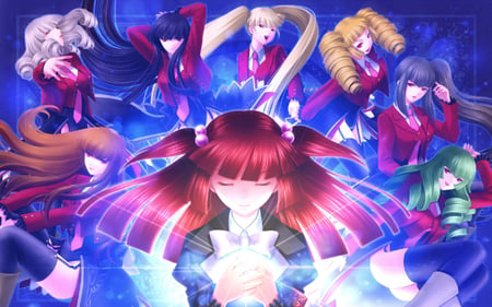 Umineko no Naku Koro ni - anime, twintails, dress, long hair, seven stakes of purgatory, red eyes, girls, ushiromiya ange, sisters, umineko no naku koro ni, ribbons