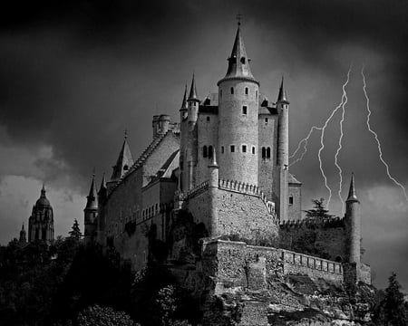 Alcazar Castle Segovia Spain - dark, castle, lightning, clouds