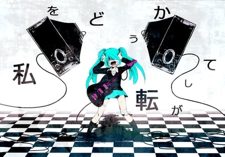 music miku - blue hair, guitar, music, long hair, dress