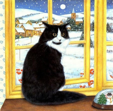 Near the window * By Anne Mortimer - snowman, winter, anne mortimer, snow, love, church, cat, christmas, kitten, feline, tender