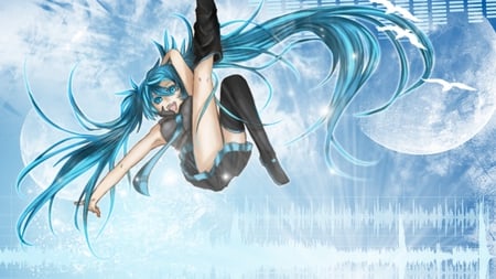 Hatsune Miku - tie, pretty, artistic, free fall, light, uniform, nice, program, hot, thighhighs, beauty, virtual, fall, cg, white, gray, cute, aqua eyes, song, outfit, sexy, vocaloid, anime, boots, twintail, hatsune miku, music, aqua, stockings, long socks, art, sky, idol, clouds, moon, anime girl, skirt, beautiful, singer, girl, cool, black, glow, miku, awesome, diva, digital, bars, aqua hair, hatsune, vocaloids