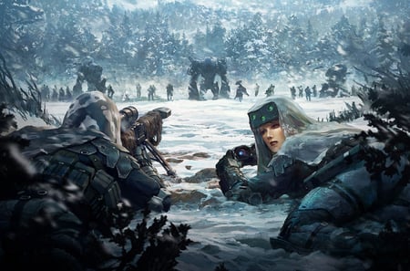 Age of Odin - soldier, girl, female, winter, fantasy, cg, hd, art, adventure, odin, snow, army, marek okon, weapon, enemy