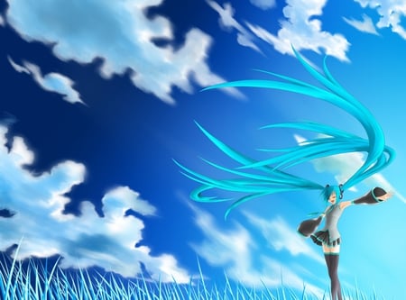 Hatsune Miku - tie, pretty, artistic, realism, real, uniform, nice, program, hot, thighhighs, beauty, virtual, cg, hands, white, gray, cute, aqua eyes, song, outfit, sexy, vocaloid, anime, blue, twintail, tall grass, grass, hatsune miku, music, aqua, stockings, long socks, art, sky, idol, clouds, anime girl, skirt, realistic, beautiful, singer, girl, cool, black, miku, awesome, diva, digital, aqua hair, hatsune, vocaloids