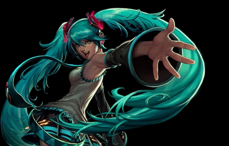 Hatsune Miku - aqua, hot, headset, thighhighs, music, anime girl, white, art, cool, aqua eyes, artistic, hatsune miku, sexy, skirt, song, vocaloids, program, vocaloid, pink, beautiful, uniform, diva, beauty, nice, twintail, singer, aqua hair, black, virtual, pretty, idol, anime, miku, cute, girl, cg, hatsune, microphone, blue, headphones, tie, awesome, digital, gray, outfit