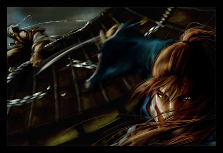 Himura Kenshin - yellow eyes, anime, warrior, swords, chain, rurouni kenshin, himura kenshin, weapons, long hair, rooftop, samurai, roof tiles, male, kenshin