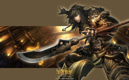 Ancient Warrior - male, lone, warrior, long hair, video game, black hair, armor, games, spear, game, armour, anime, weapon, brown background, video games