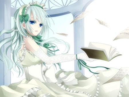 Claire Bernardus - pretty, anime girl, female, heart, book, window, beauty, love, sweet, fly way, white hair, claire bernardus, white dress, cute, rose head, umineko no naku koro ni