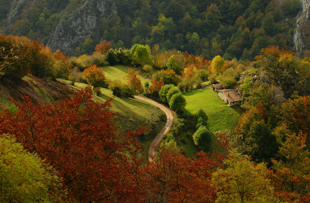 Beautiful view - nice, beauty, autumn, trees, peaceful, photography, panorama, meadow, path, rocks, calm, view, pretty, cool, architecture, house, grass, mountain, landscape, lovely, nature, beautiful, seasons, colors