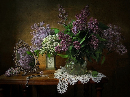 still life - pretty, elegantly, lilac, clock, photo, reflection, mirror, old, bracelet, nice, beautiful, photography, beauty, lace, lovely, cool, still life, bouquet, jug, harmony