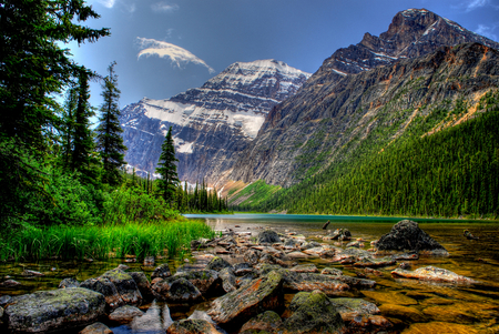 Landscape-HDR - nice, beauty, sky, trees, photography, water, rocks, view, pretty, cool, river, clouds, hdr, grass, mountain, landscape, lovely, nature, forest, snow, beautiful, stones, colors