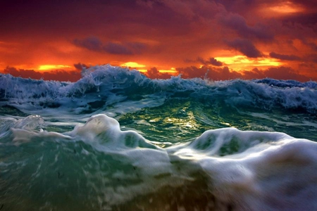 emerald waves - ocean, emerald, sunset, sea, waves, foam