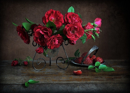 still life - pretty, elegantly, roses, photo, flowers, red, old, nice, fruits, vase, strawberries, beautiful, photography, beauty, lovely, cool, still life, flower, bouquet, harmony, rose