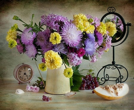 still life - nice, beauty, photography, bouquet, melon, still life, pretty, reflection, cool, clock, kettle, shell, old, harmony, fruits, chrysanthemums, lovely, vase, mirror, beautiful, flowers, grapes, colors, photo, flower