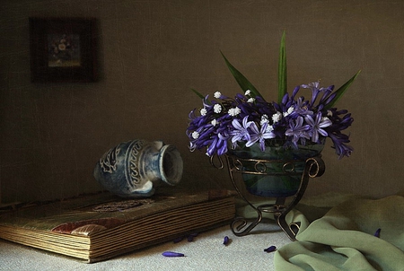 still life - nice, beauty, hyacinths, photography, bouquet, still life, book, pretty, cool, amphora, petals, old, harmony, hyacinth, scarf, lovely, vase, picture, blue, beautiful, flowers, photo, elegantly, flower