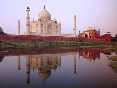 TAJ-MAHAL REFLECTION - white, building, taj-mahal, reflection, water