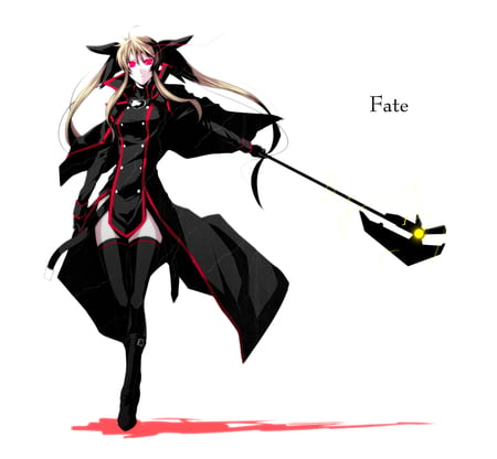 Say your pray - anime, boots, dress, female long hair, evil, solo, fate testarossa, series bardiche character, black dress, spear, weapon, black outfit, staff, girl, blonde hair, mahou shoujo lyrical nanoha, cool, red eyes, dark persona, sexy, character