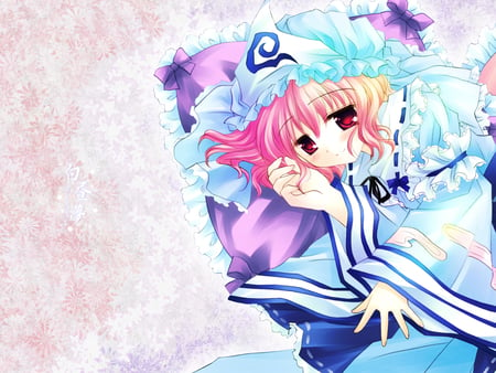 Saigyouji Yuyuko - hat, saigyouji yuyuko, anime, dress, girl, red eyes, short hair, touhou, cute, pink hair