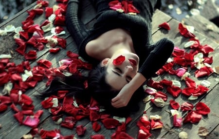 Red Lips - woman, lips, red, flowers, rose, black, dress